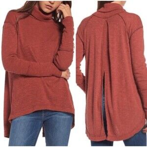 We the Free People Dark Burnt Orange Brown Cowl Split Back Turtleneck Sweater L